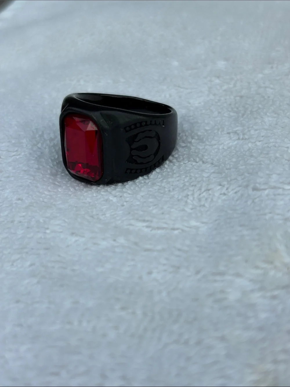 Men's Black Signet Ring with Red Stone